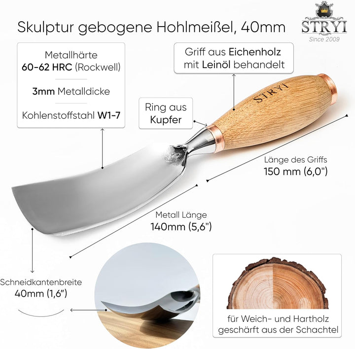 STRYI Profi Grosser gebogener Hohleisen – Profil 7 – Handgeschmiedetes Werkzeug für tiefe Holzschnit