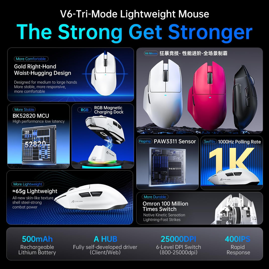 ATTACK SHARK V6 65g Superlight Mouse with Magnetic Charging Dock, PixArt PAW3311 Gaming Sensor, 2500