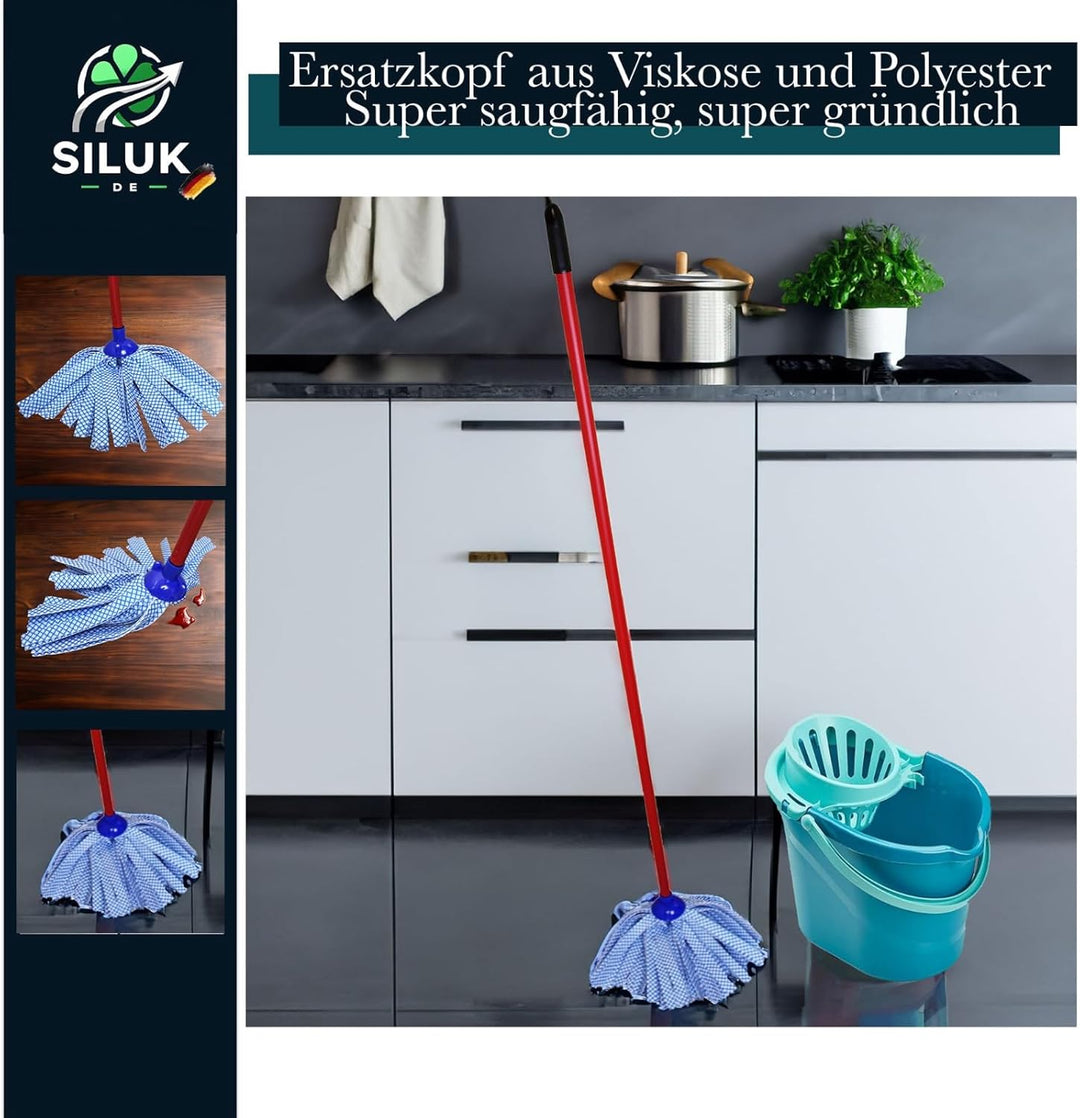 6X Ersatzkopf für Leifheit Classic Mop – Viskose-Polyester Streifen blau kariert, saugstark & streif