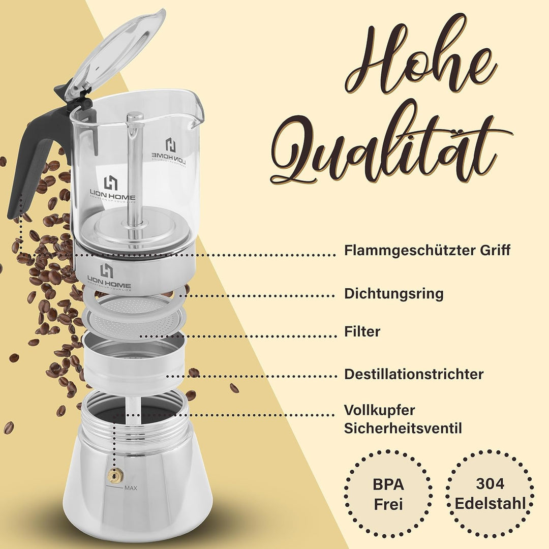 LION HOME Espressokocher | Glas &amp; Edelstahl Design für 6 Tassen | Inkl. Kork-Untersetzer | Für alle