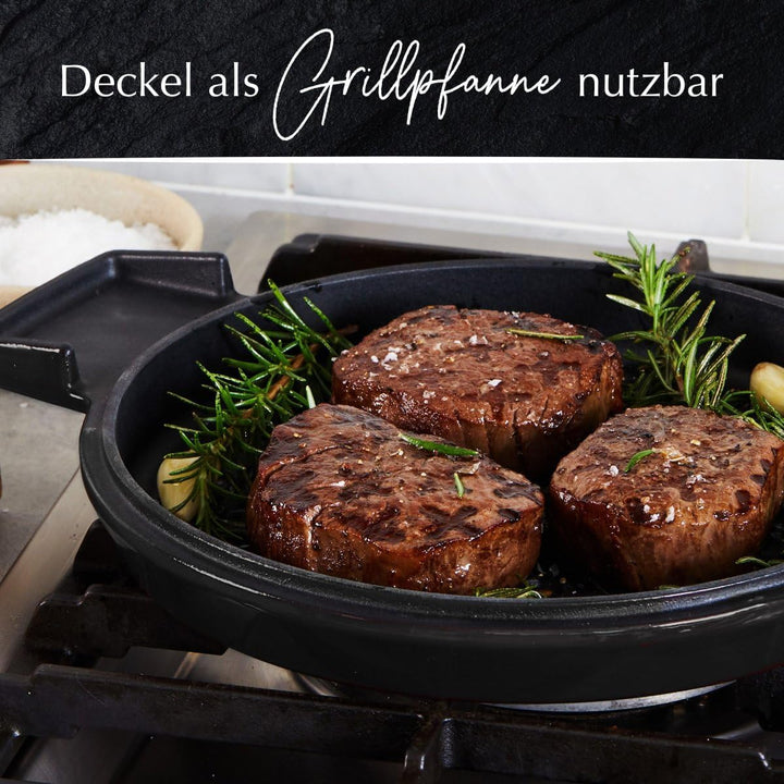 Stanley Rogers Cocotte runder Gusseisen Bräter emailliert 6,5l 28cm schwarz I Praktische Grillpfanne