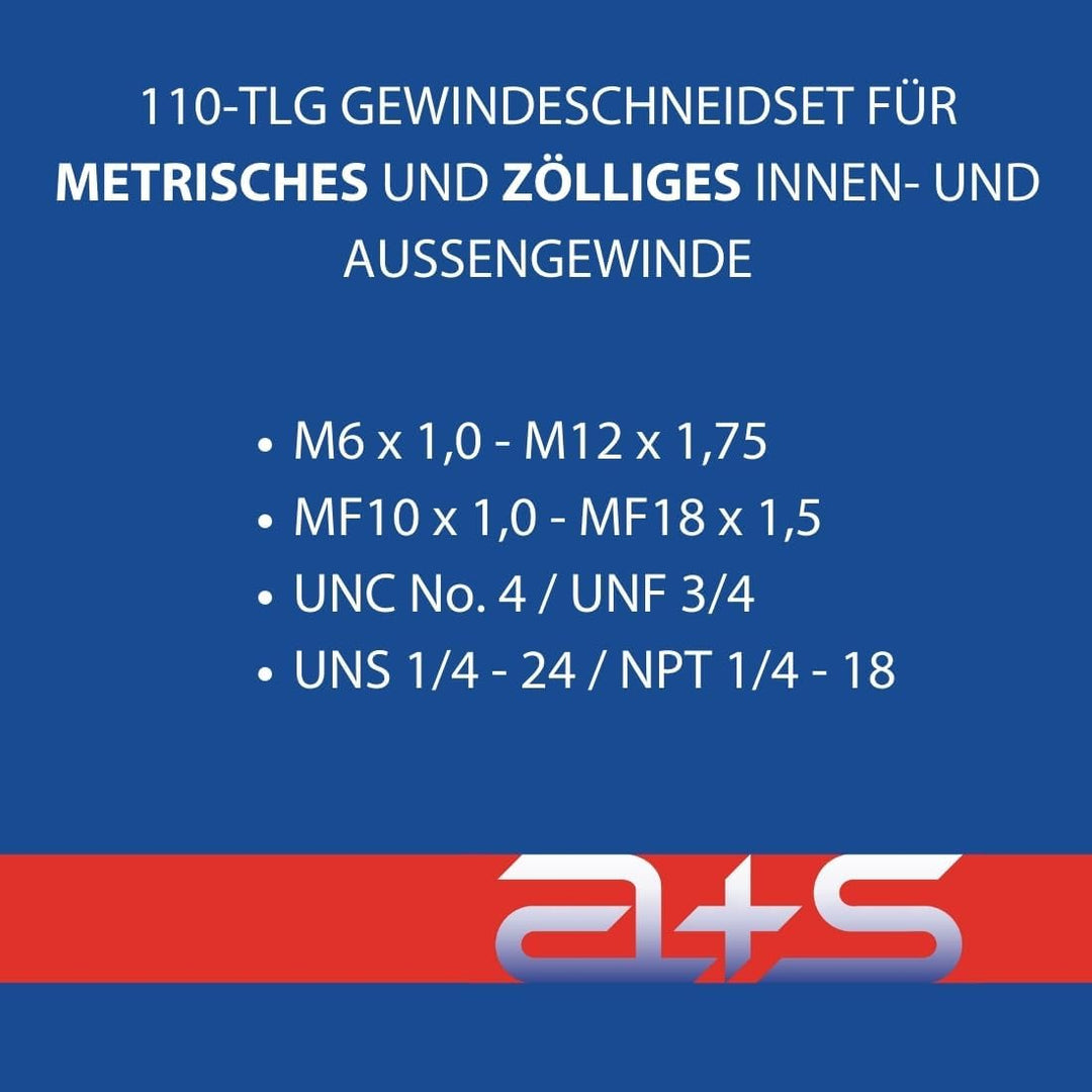 a+s Albrecht und Schulte 110 tlg. Gewindeschneider Set | M6 - M12 | MF10x1 - MF18x1,5 | NPT 1/4 + NP