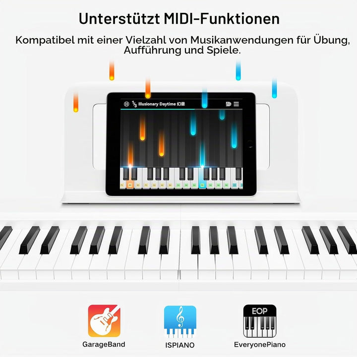 TERENCE E Piano 88 Tasten Weiss, Keyboard Piano mit Halbgewichtet, Faltbares Klavier mit Aufnahme un