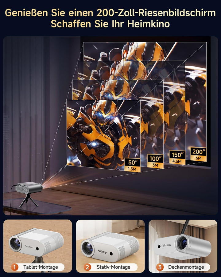 Mini Beamer 4K, Kleiner Projektor Bluetooth und WiFi für Handy, 1080P Beamer Heimkino iPhone/Android
