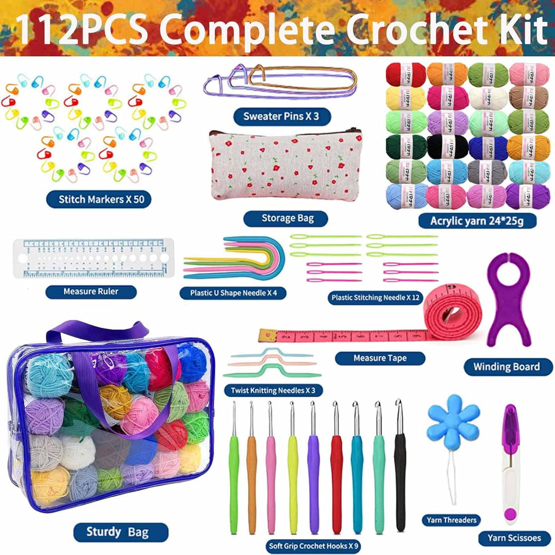 Häkelwolle Set,112pcs Häkelset für Anfänger mit 24*25g Häkelgarn,Ergonomische Häkelnadeln Stricknade