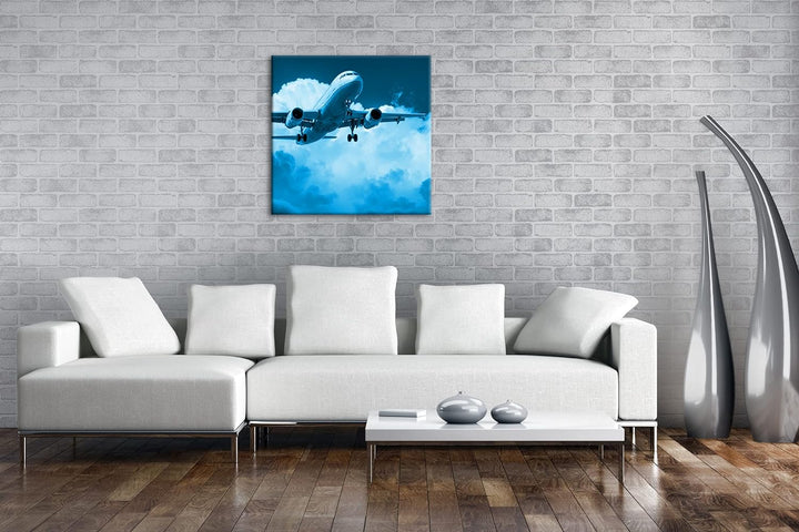 Flugzeit in den Wolken im Format: 60x60 Effekt: Zeichnung als Leinwandbild, Motiv auf Echtholzrahmen