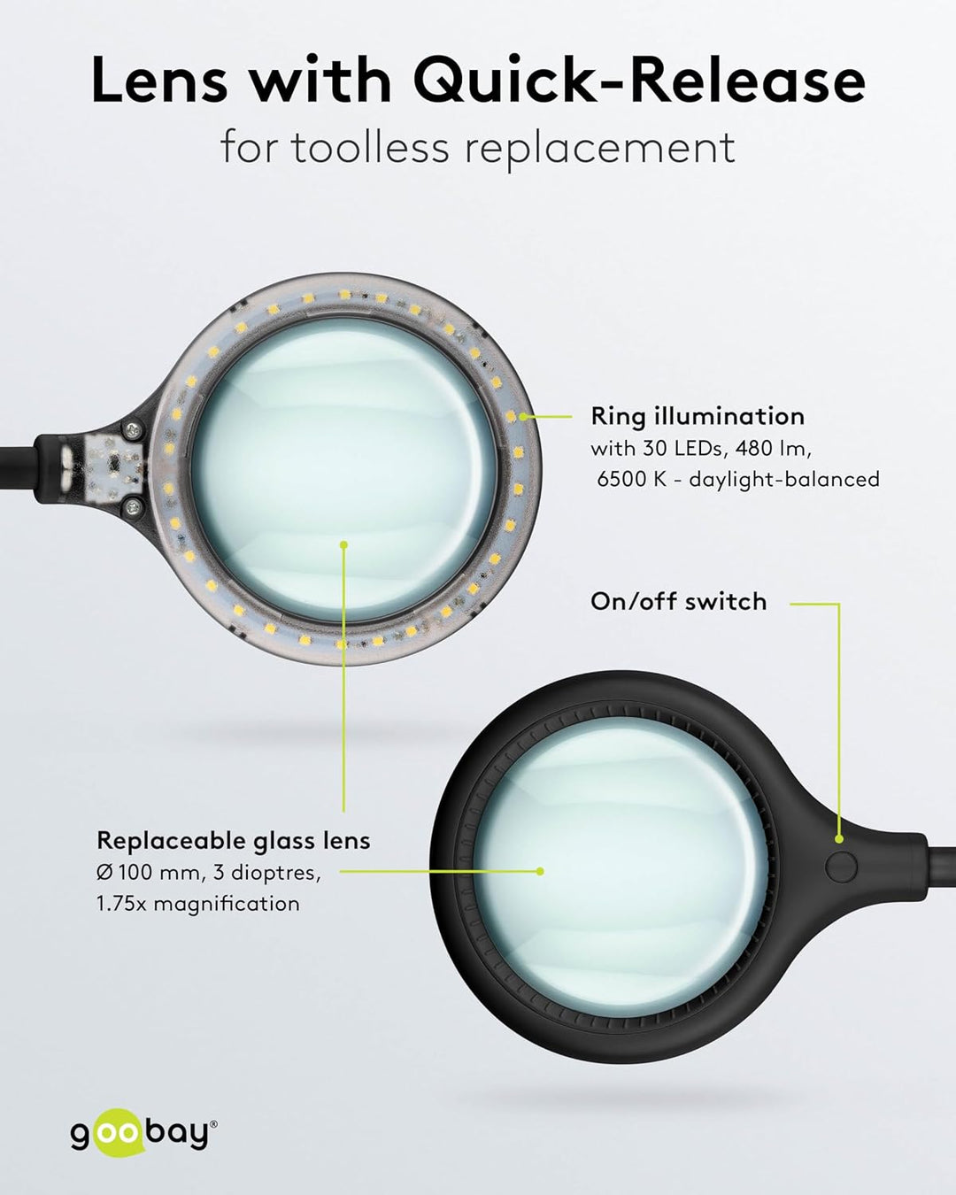 Goobay 65577 LED Lupenleuchte mit Klemme/Lupenlampe aus Plastik / 6 W Leistungsaufnahme, Farbtempera
