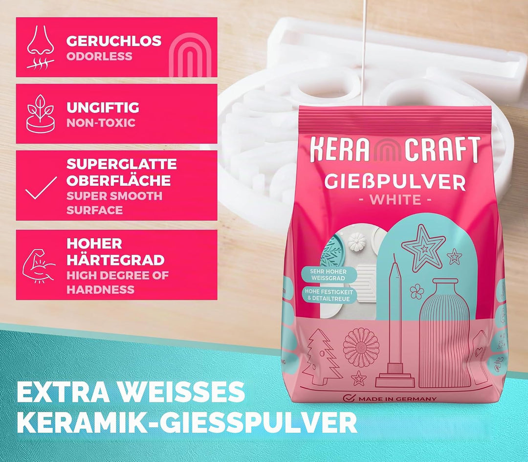 KERACRAFT Giesspulver weiss 2x4,5kg mit 1.000ml Silikonbecher zum Giessen - Reliefgiesspulver weiss