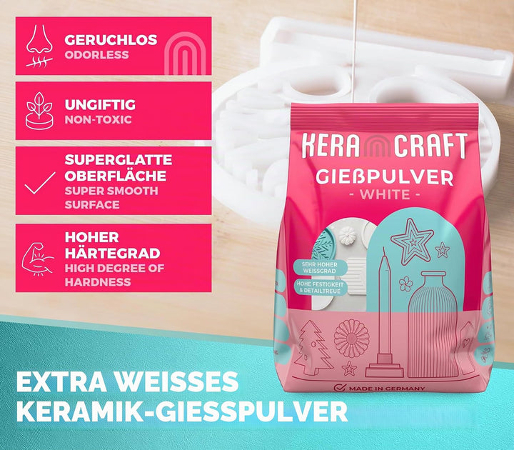 KERACRAFT Giesspulver weiss 2x4,5kg mit 1.000ml Silikonbecher zum Giessen - Reliefgiesspulver weiss