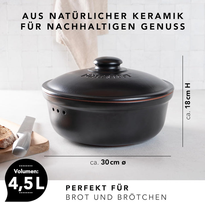Römertopf Brottopf Rund Ø 30cm - Brotkasten Schwarz aus Keramik - Atmungsaktiver Tontopf für langanh