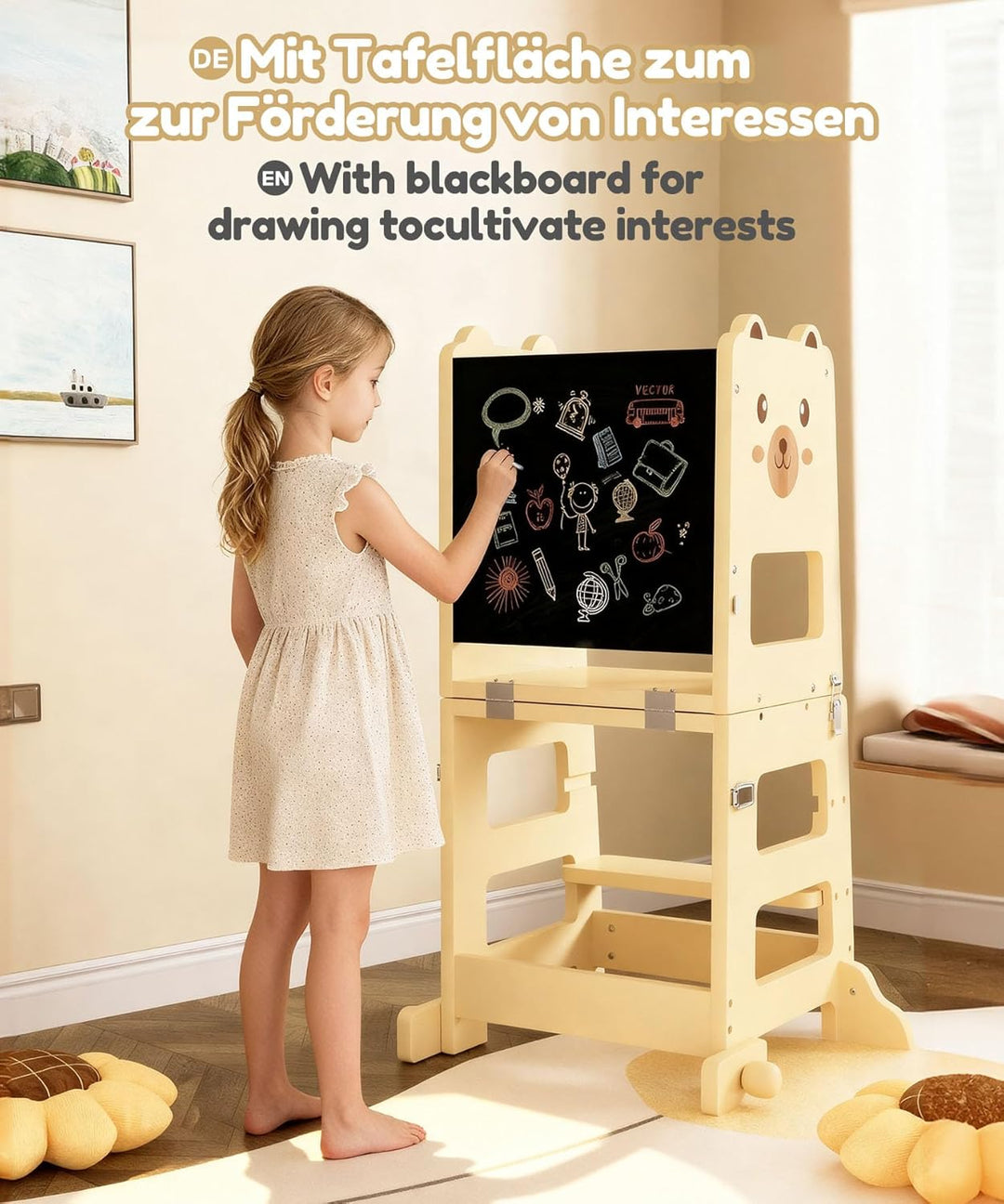 Yorbay Lernturm ab 1 Jahr Klappbar: 2 in 1 Montessori Learning Tower für Kinder mit Tafel - Tritthoc