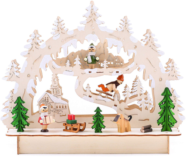 BRUBAKER 3D LED Lichterbogen Schwibbogen - Winterlandschaft mit Kirche - LED Beleuchtung - Holz natu