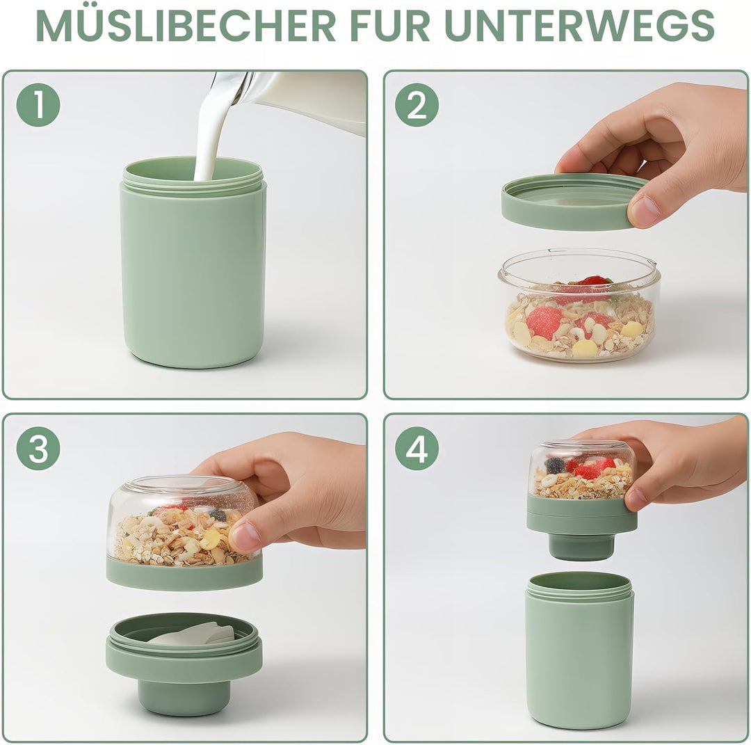 Bugucat Müslibecher to Go 520ML+250ML 2er,Praktischer Joghurtbecher mit Löffel, Auslaufsicher Müsli