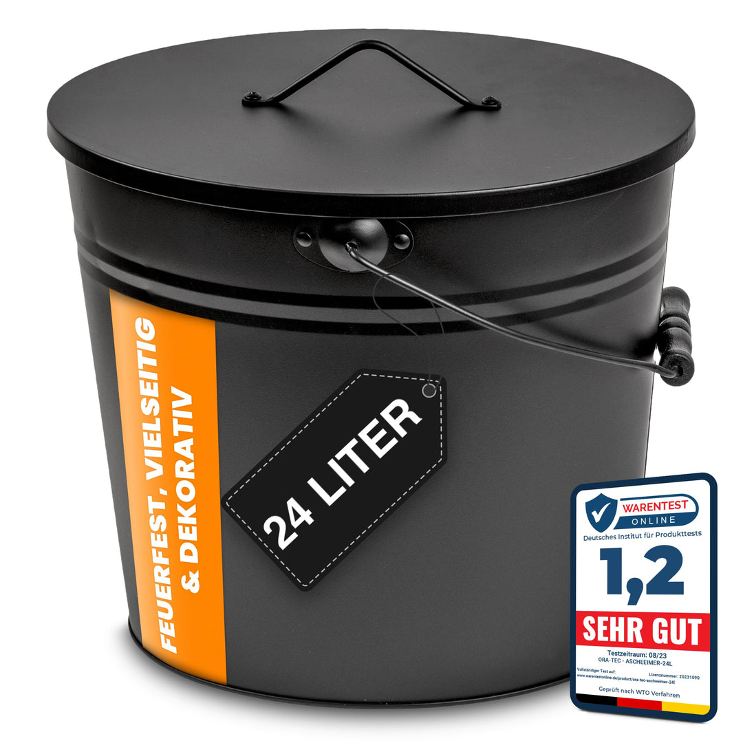 ORA-TEC XL Ascheeimer mit Deckel - Kohleeimer 24 Liter aus Stahlblech im Schwarz - Kamineimer mit De