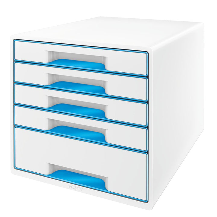 Leitz CUBE Schubladenbox mit 5 Schubladen, Weiss/Blau, A4, Inkl. transparentem Schubladeneinsatz, WO