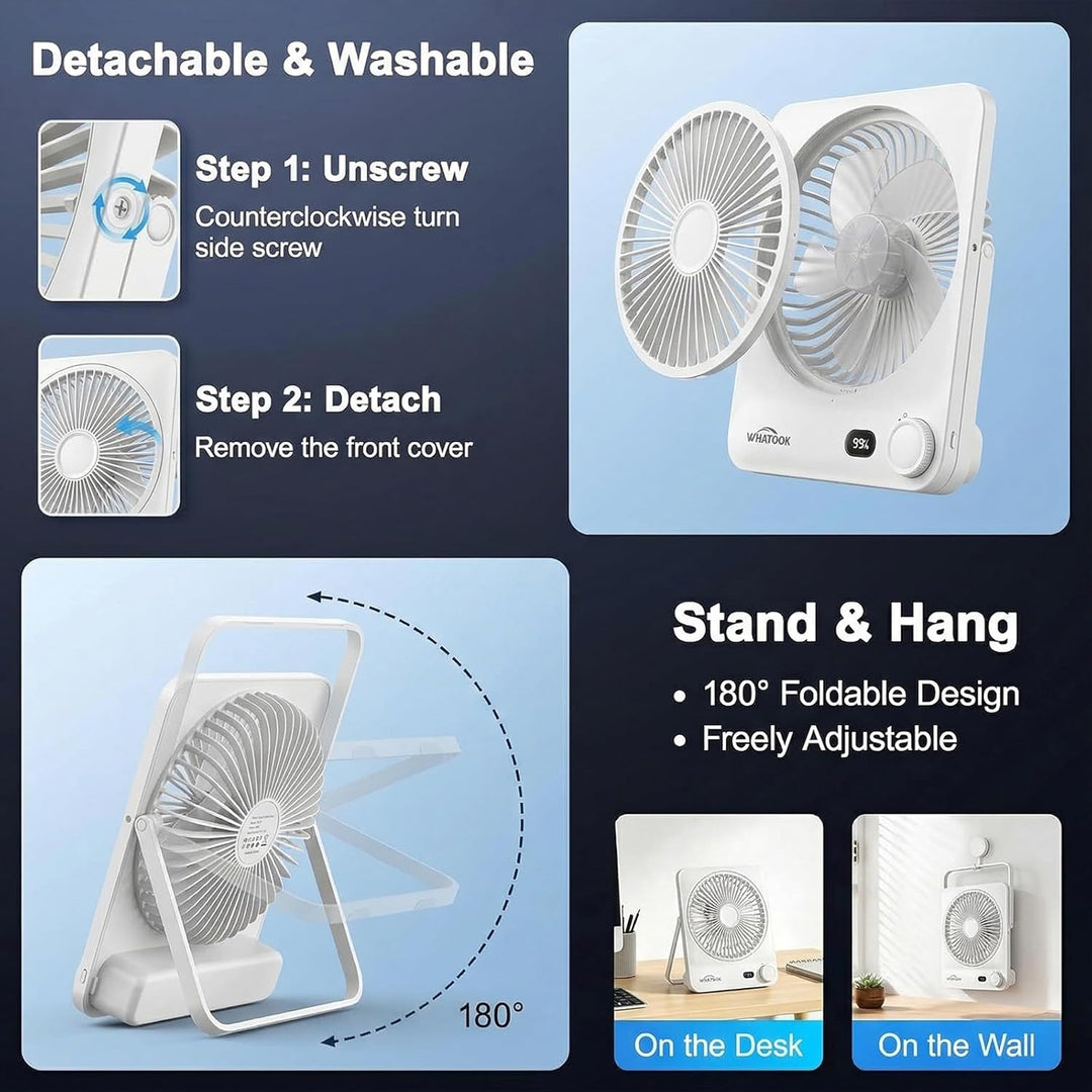 Akku Ventilator 10000mAh 40H mit 100 Stufen: Stufenlos Regulierbarer Tischventilator leise mit Wandh