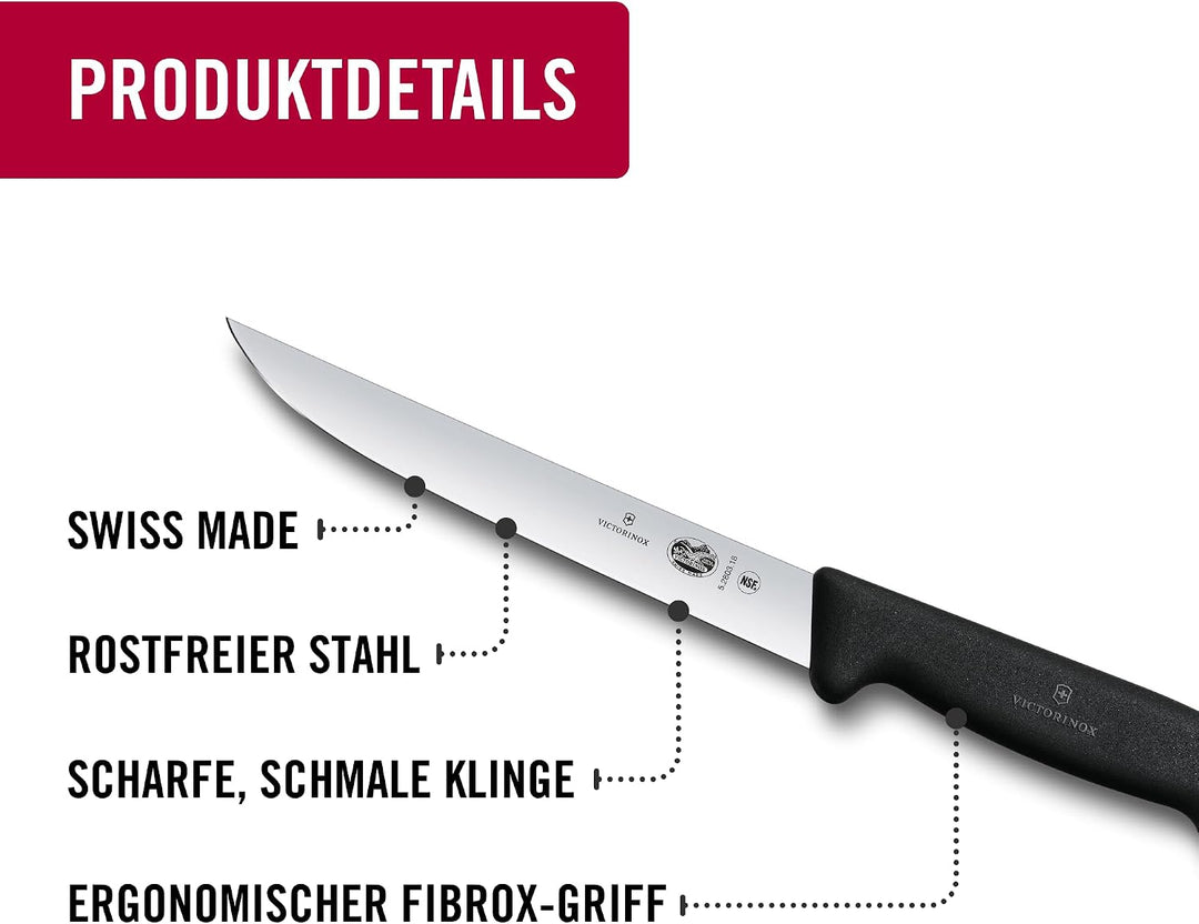 Victorinox Fibrox Tranchiermesser, Scharfes Küchenmesser für Fleisch und Geflügel, 18 cm, Gerade Kli