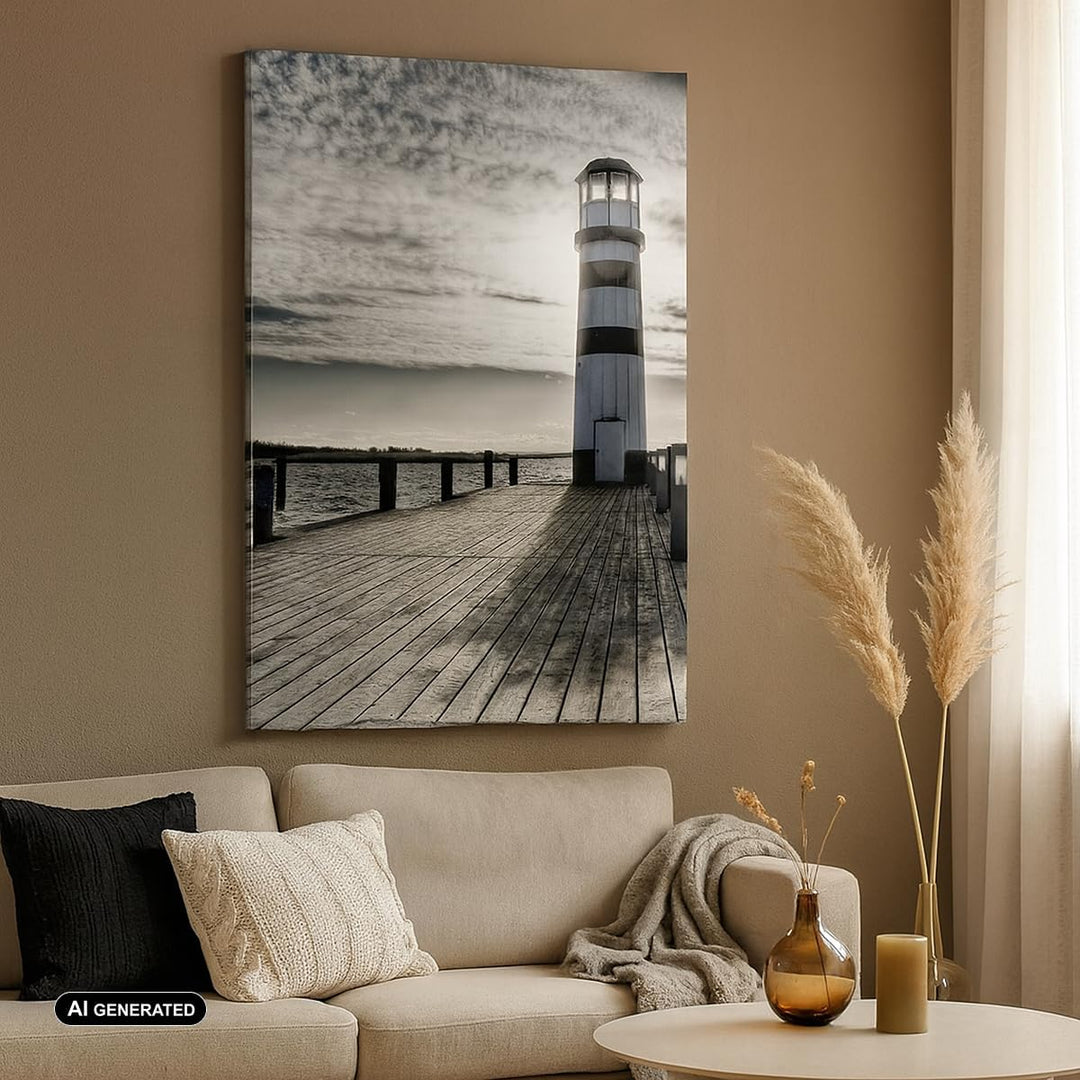 Bilder auf Leinwand 55x100cm Leinwandbild mit Rahmen See Leuchtturm Holzbrücke Wasser Gross Wanddeko