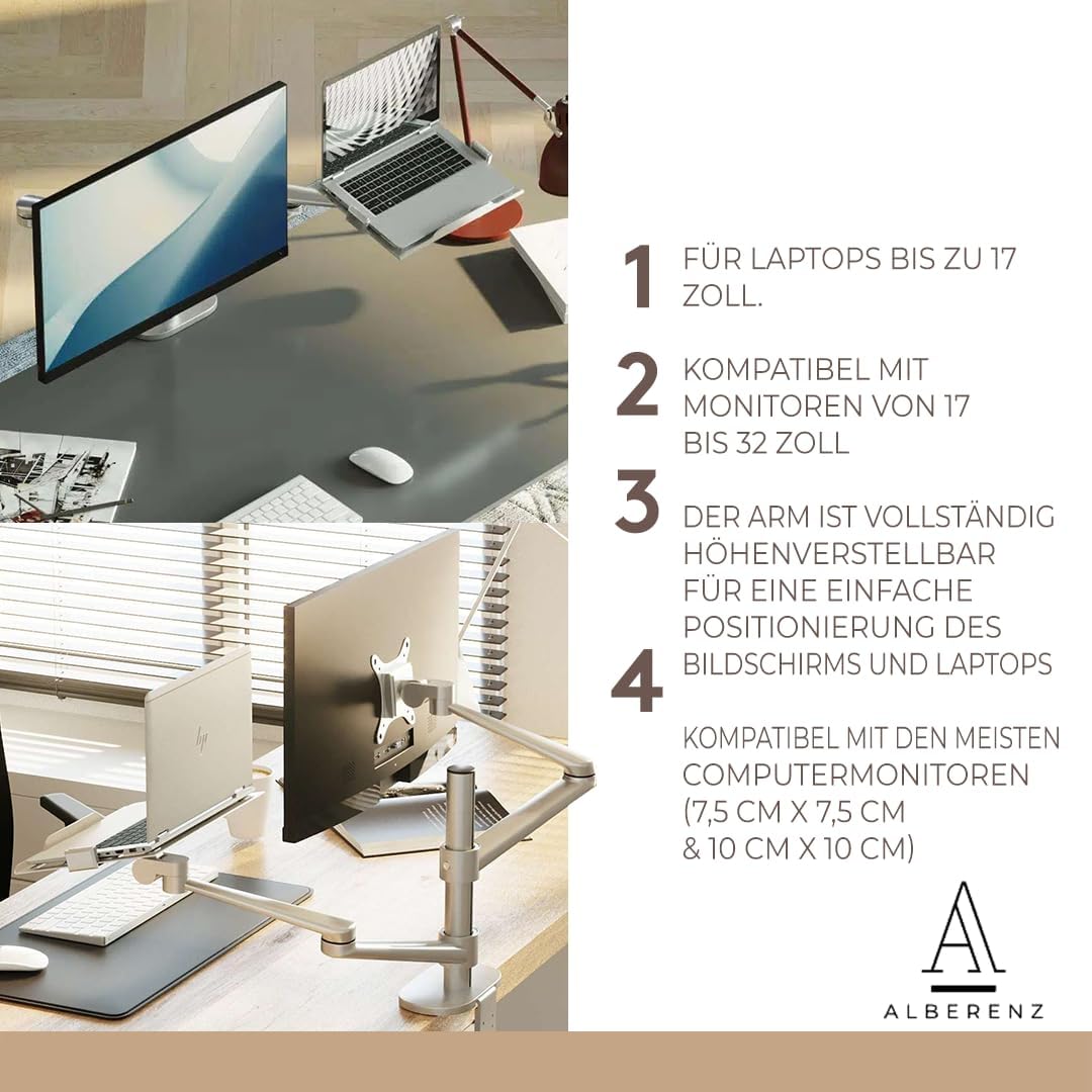 Alberenz® 2-in-1 Laptop- und Monitor Halterung, Verstellbarer Doppelarm-Ständer für 12-17" Laptops u