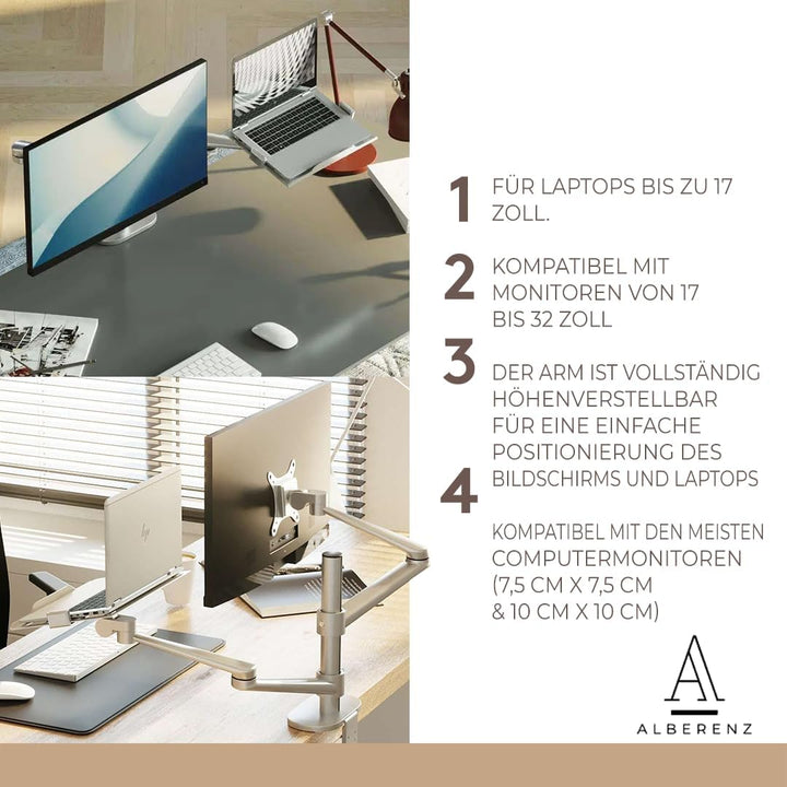 Alberenz® 2-in-1 Laptop- und Monitor Halterung, Verstellbarer Doppelarm-Ständer für 12-17" Laptops u