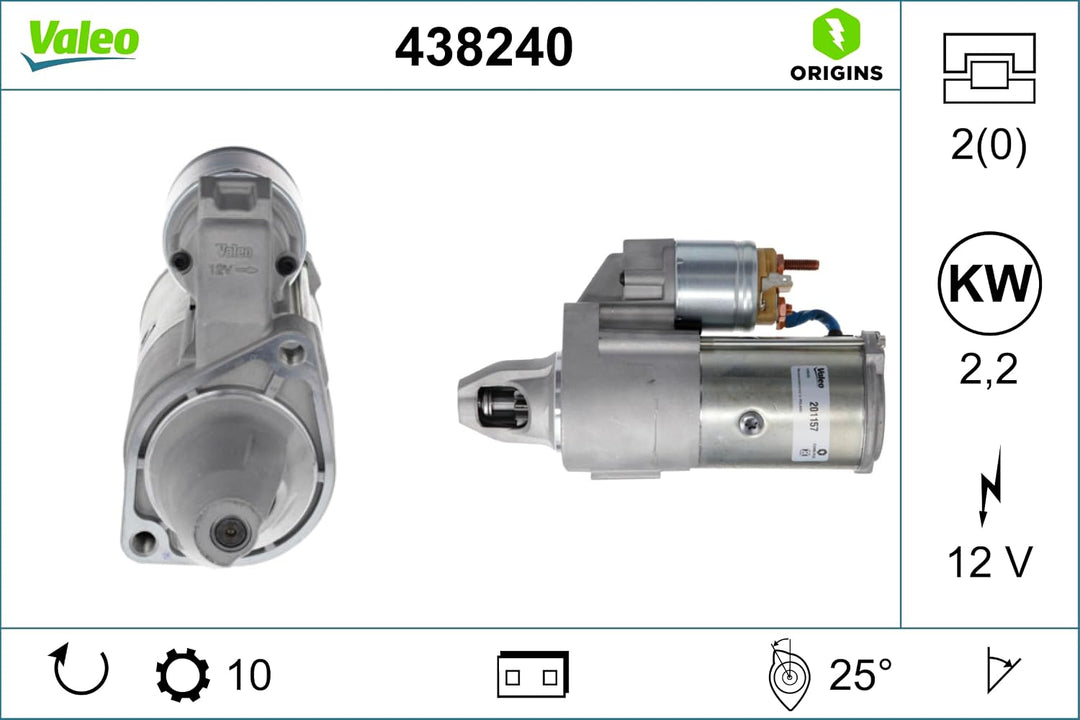 VALEO 438240 Starter Nennleistung: 2,2 kW Stop & Start: NO Zähnezahl: 10 zähne Spannung: 12 V Drehri