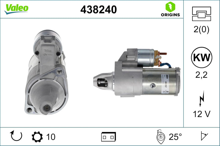 VALEO 438240 Starter Nennleistung: 2,2 kW Stop & Start: NO Zähnezahl: 10 zähne Spannung: 12 V Drehri