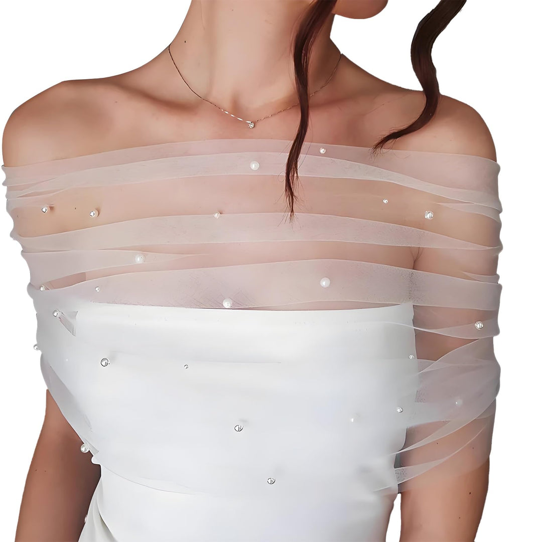 NICENEEDED Weisser Tüll Brautschal Perlen Brautumhang Hochzeit Schulterfreie Capelets Spitze Schal F