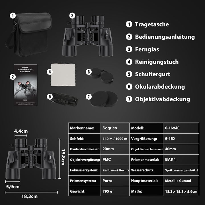 Fernglas mit 6-16 x 40 Zoom für Erwachsene, leistungsstarkes Militär-Fernglas für Vogelbeobachtung,