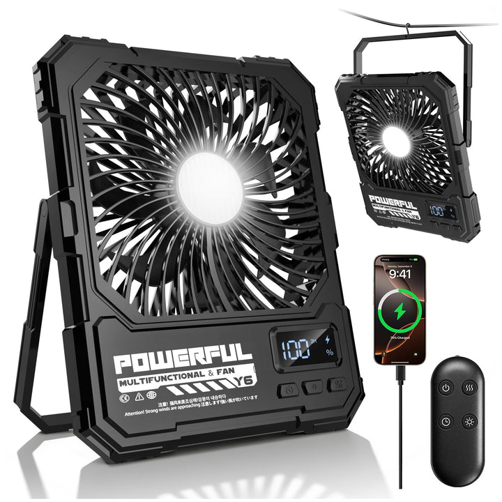 yAyusi 20000mAh Akku Camping Ventilator mit Lampe,Tragbarer Reise Ventilator mit Fernbedienung Timer