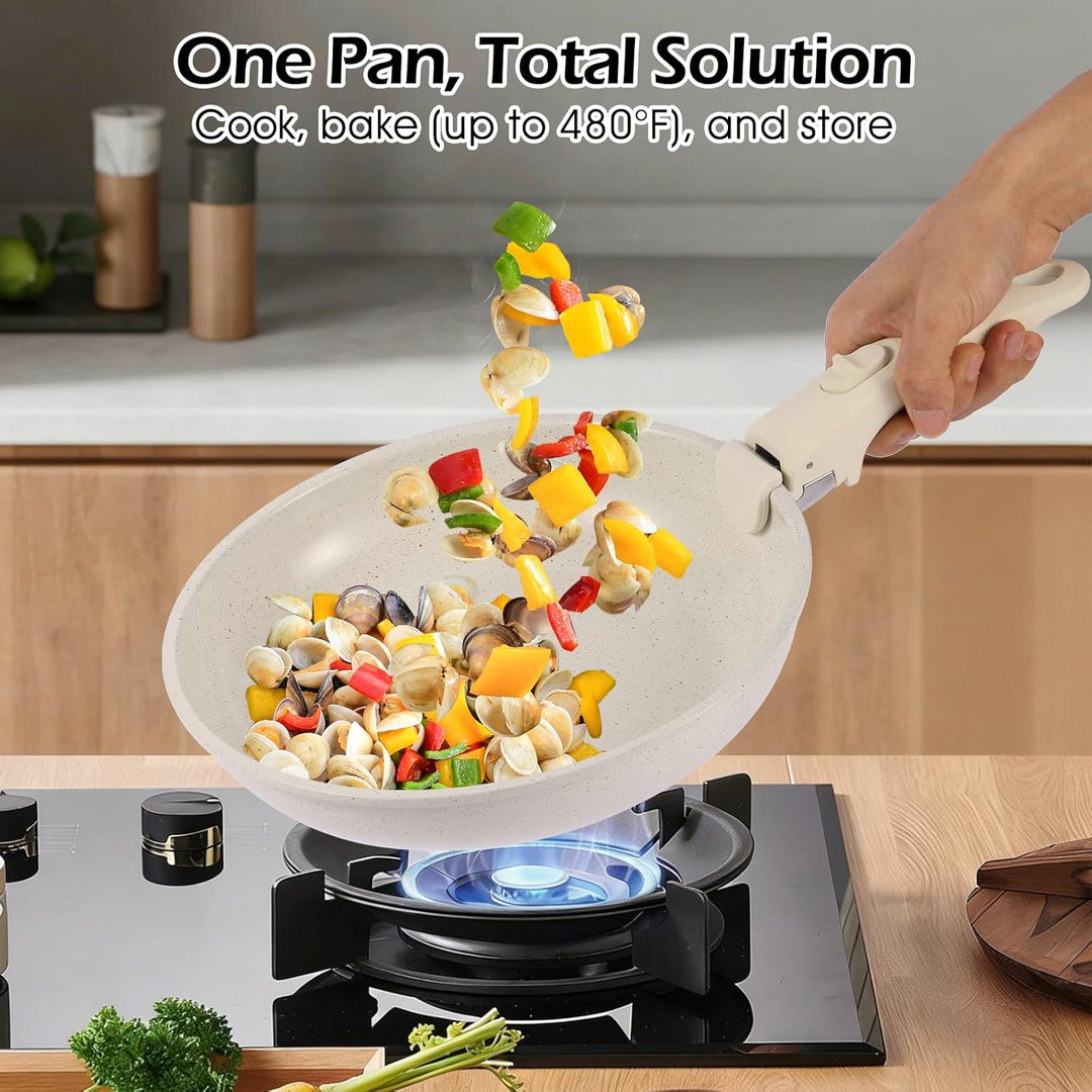 19-Piece Cream White Ceramic Cookware Set with Removable Handles – Non-Stick Frying Pan & Induction