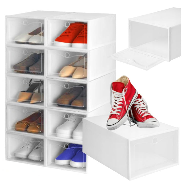 ZOLTA Schuhboxen Set 10 Stück stapelbar Aufbewahrungsboxen 33x23x14 cm Weiss mit transparenter Klapp
