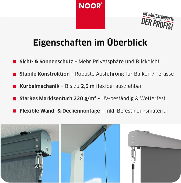 NOOR Senkrechtmarkise 1,5 x 2,5 m I Hochwertige Markise aus strapazierfähigem Polyester (220g/m²) fü