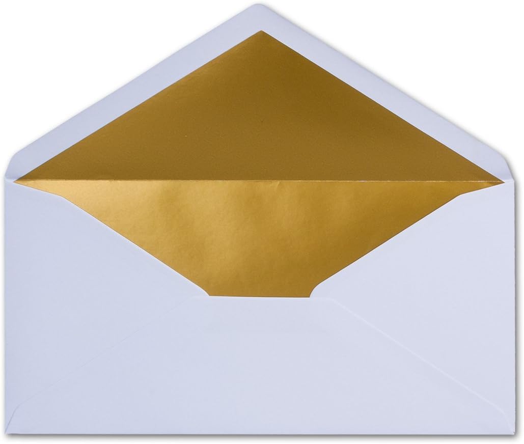 100 Brief-Umschläge DIN Lang - Weiss mit Gold-Metallic Innen-Futter - 110 x 220 mm - Nassklebung - f