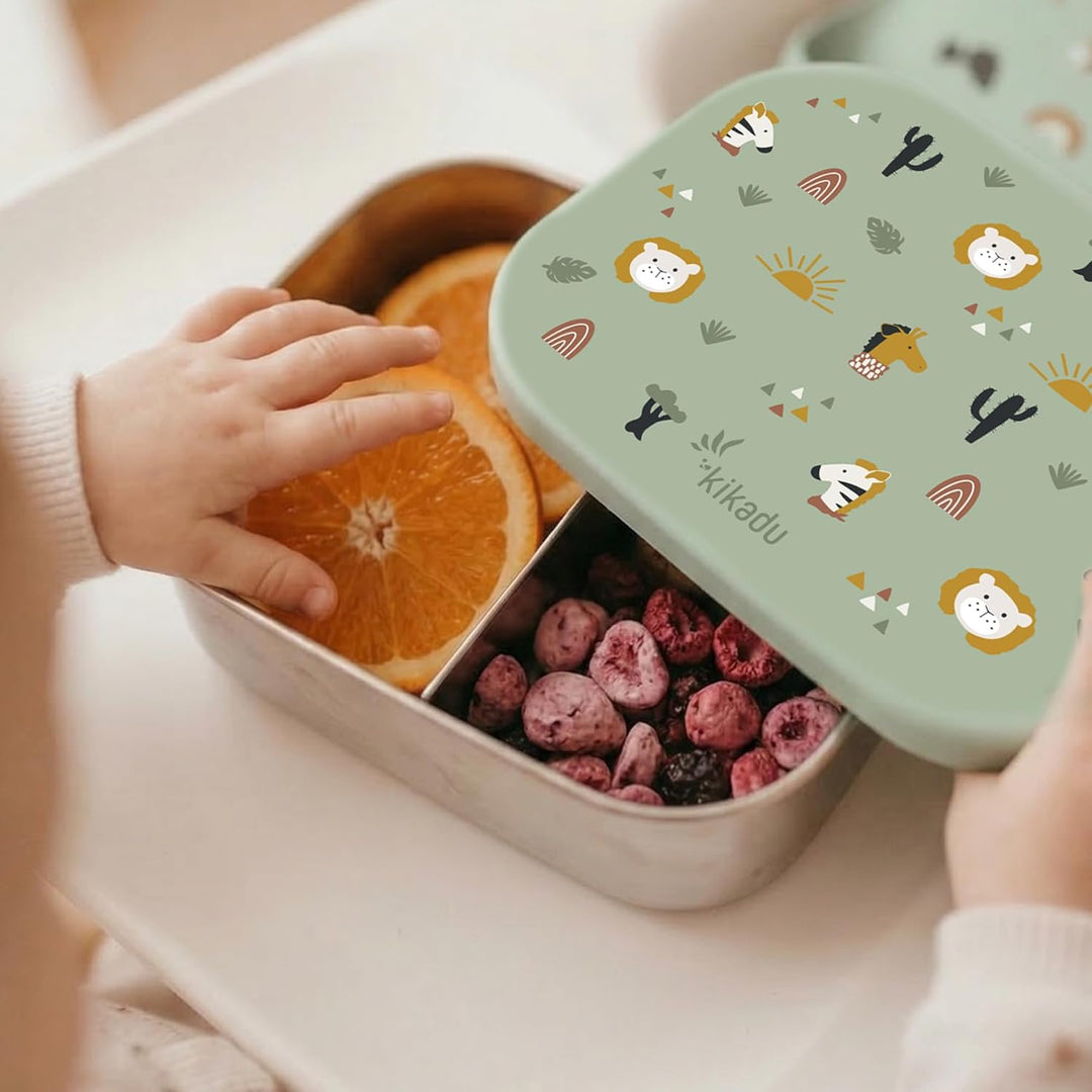 kikadu Brotdose Kinder aus Edelstahl mit Silikondeckel, 3 Fächer, BPA-frei, luftdicht, spülmaschinen