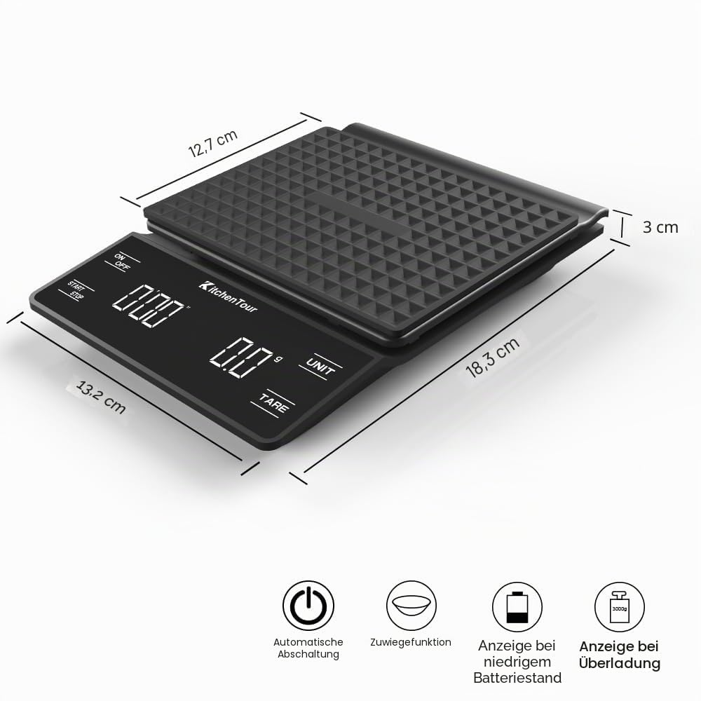 KitchenTour Kaffeewaage mit Timer 3kg/0,1g Hohe Präzision Pour Over Drip Espresso Waage mit hintergr