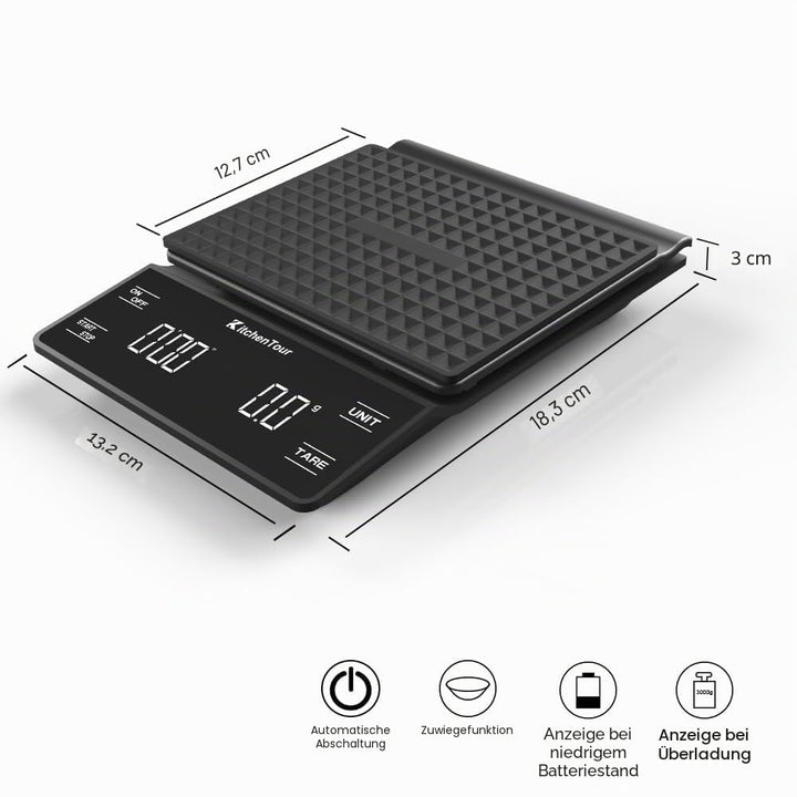 KitchenTour Kaffeewaage mit Timer 3kg/0,1g Hohe Präzision Pour Over Drip Espresso Waage mit hintergr