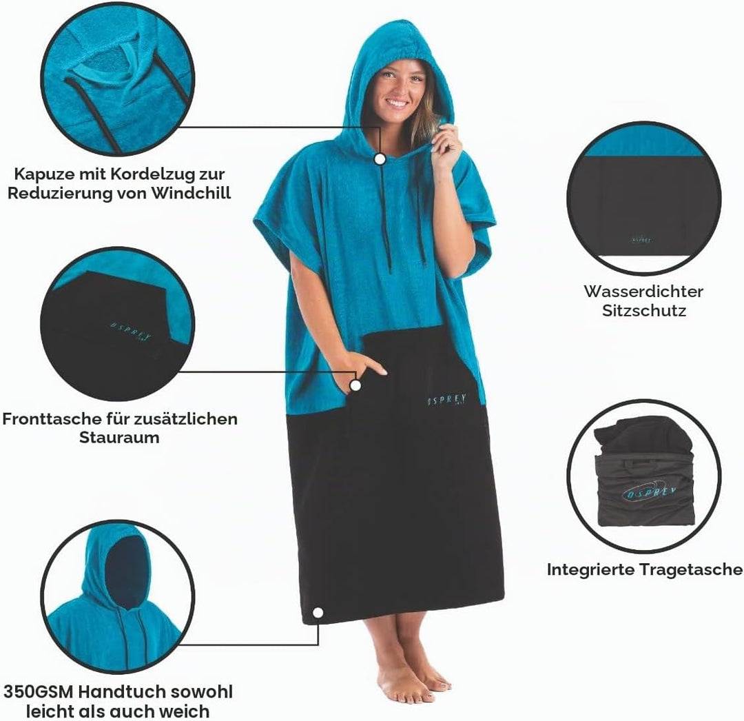 Osprey Handtuch Poncho | Unisex Kapuzen Surf Poncho Strand Wickelmantel für Damen und Herren Surfen