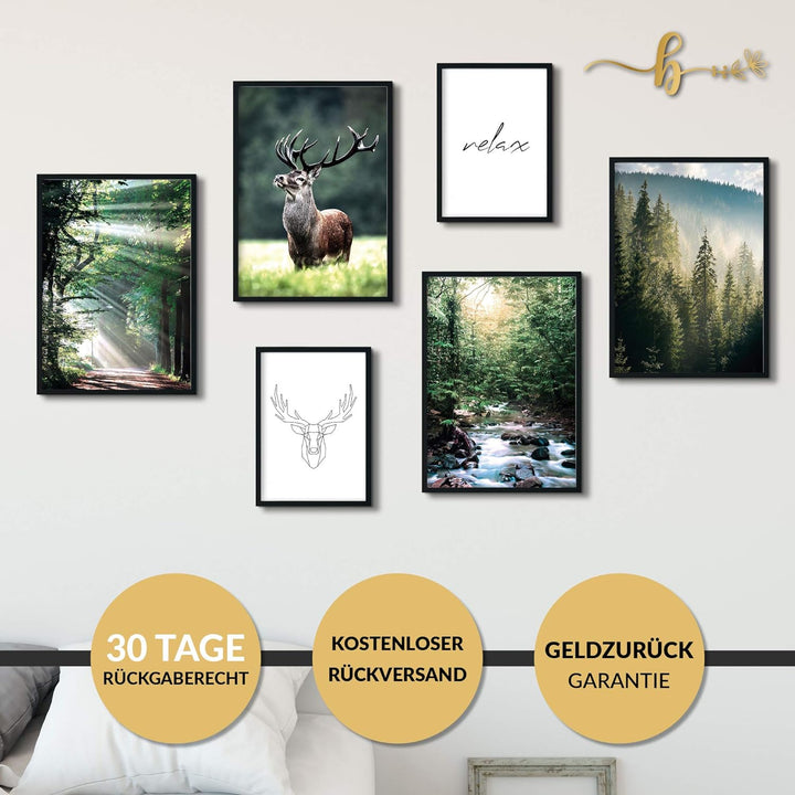 Premium Poster Set | Deko Bilder Wohnzimmer Modern | Schlafzimmer Bild für die Wand | (Wald Hirsch,