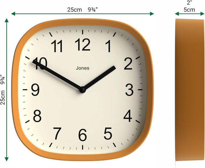 JONES CLOCKS® Sprite wanduhr | Moderne Retro abgerundete quadratische Uhr | 25cm | Senfgelb | Leicht