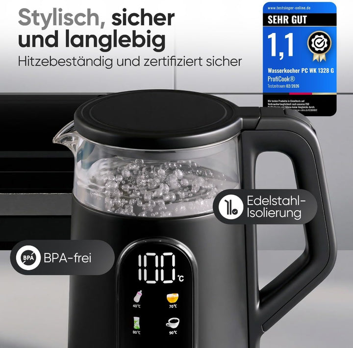 ProfiCook® Wasserkocher mit Temperatureinstellung | 40-100°C | 1,7L | Schnellstartfunktion | 2200W |