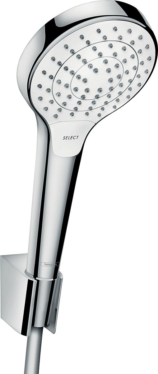 hansgrohe Croma Select S Duschkopf inkl. Duschkopfhalterung, 3 Strahlarten, Weiss/Chrom Set mit Brau