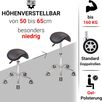 Staboos Rollhocker bis 160 kg - Sattelsitz mit Gel Polster - Praxishocker mit Rollen - Drehhocker hö