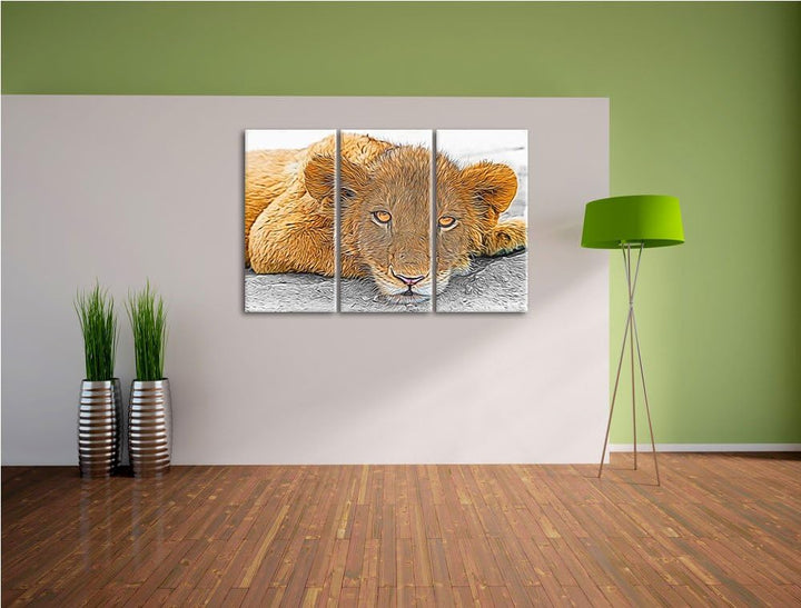 schläfriger junger Löwe schwarz/weiss Deluxe 3-Teiler Leinwandbild 120x80 Bild auf Leinwand, XXL rie