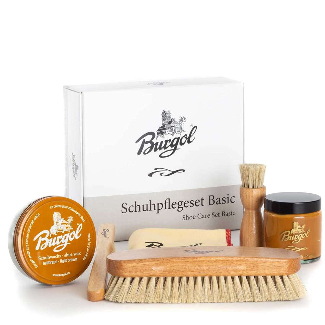 Burgol Schuhpflegeset Basic mit Schuhpomade, Schuhwachs, Rosshaarbürsten und Poliertuch: Farbe: Hell