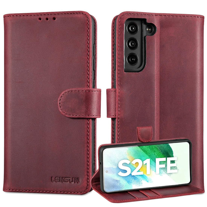 LENSUN Echtleder Hülle für Samsung Galaxy S21 FE, Handyhülle [Premium Echtes Leder][Kartenfach][RFID