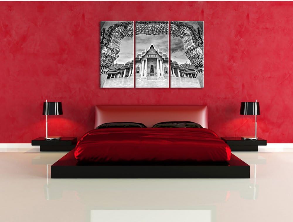 Pixxprint Marmortempel von Bangkok Kunst B&W / 3-Teilig/Gesamtmass 120cm Leinwandbild bespannt auf H