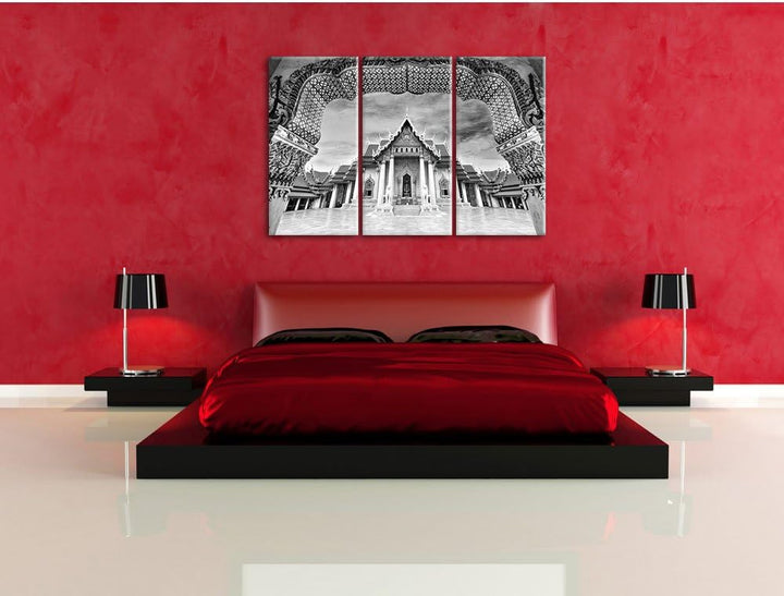 Pixxprint Marmortempel von Bangkok Kunst B&W / 3-Teilig/Gesamtmass 120cm Leinwandbild bespannt auf H