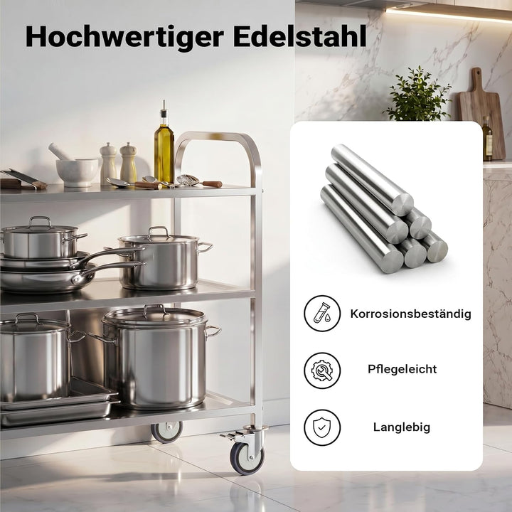 Wiltec Edelstahl Servierwagen 3 Etagen bis 150kg Küchenwagen Rollwagen Leichtlaufräder mit Bremsen,