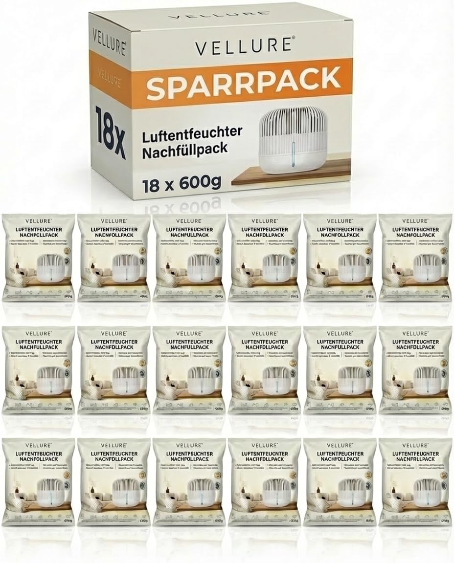 Vellure® 18x Luftentfeuchter Nachfüllpack 600g (Sparvorteils 5er Set Luftentfeuchter Granulat) I Ent