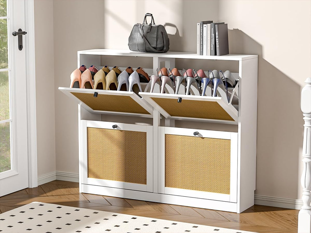 Schuhschrank mit 4 Klappen, platzsparender Schuhkipper Schuhschränke, Schuhablage Verstellbar Hoch K